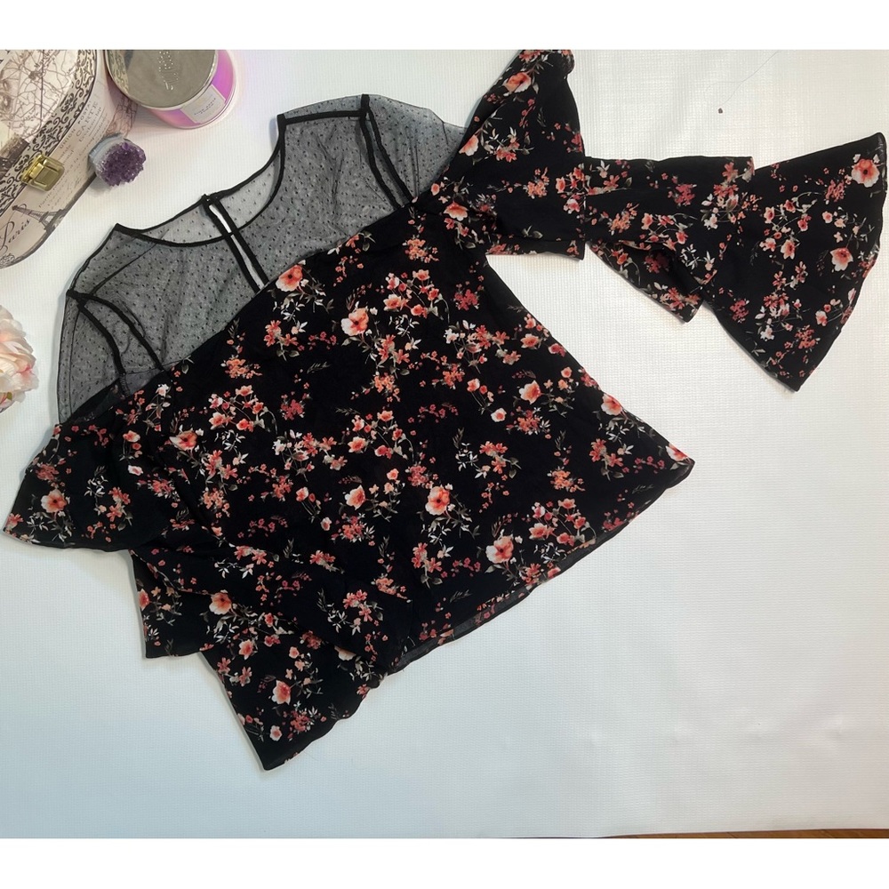 White House Black Market Floral Black Mesh Shoulder-less Top